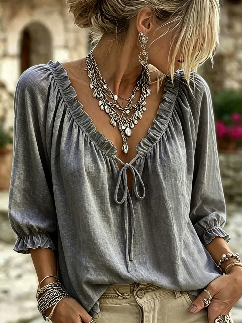 Frill Tie Neck 3/4 Sleeve Blouse